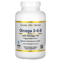 Thumbnail for California Gold Nutrition Omega 3-6-9s, with Omega-3 Fish Oil and Borage Seed Oil, EPA, DHA, GLA, and Linoleic Acid, Natural Lemon, 180 Softgels