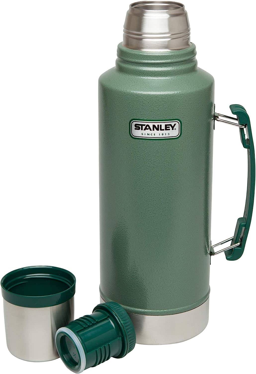 Stanley Heritage Classic Vacuum Bottle with Handle 2.0 qt | Wide Mouth with Leakproof Cup Lid | Keep Drinks Hot or Cold for Travel | Insulated Stainless Steel Thermos | BPA-Free | Hammertone Green