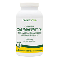 Thumbnail for NaturesPlus Cal/Mag/VIT D3 with Vitamin K2-60 Chewable Tablets - Chocolate Flavor - Calcium, Magnesium, Vitamin D3 & K2 Bone Health Support Supplement - 30 Servings