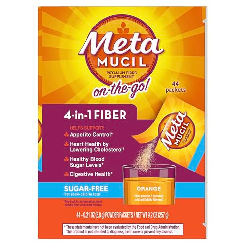 Metamucil On-the-Go Packets, Sugar-Free, 44 Packets, 4-in-1 Psyllium Husk Fiber Supplement, Orange Flavored, Individual Servings Great for Travel, Fiber Supplement for Digestive Health and Regularity