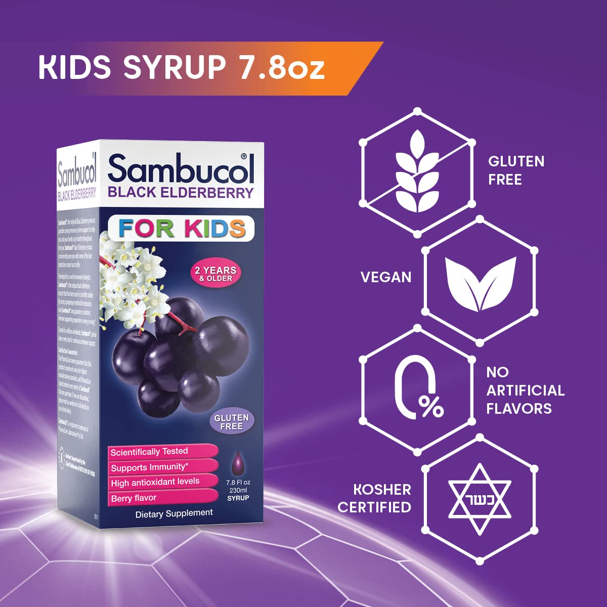 Sambucol Black Elderberry Syrup for Kids - Elderberry Liquid with Vitamin C for Kids, No Artificial Flavors, High Antioxidants, Daily Wellness Support, Berry Flavor - 7.8 Fl Oz
