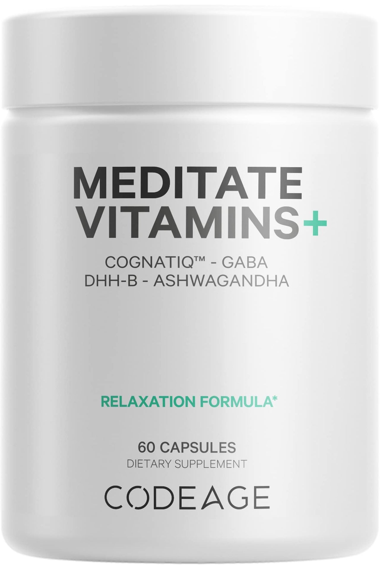 Codeage Meditate Vitamins+ Supplement - CognatiQ, DHH-B, GABA, Ashwagandha, Organic Mushrooms, Blueberries - BDNF Brain Pills and Neuroprotein - Vegan, Non-GMO, Gluten-Free - 60 Capsules