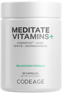 Thumbnail for Codeage Meditate Vitamins+ Supplement - CognatiQ, DHH-B, GABA, Ashwagandha, Organic Mushrooms, Blueberries - BDNF Brain Pills and Neuroprotein - Vegan, Non-GMO, Gluten-Free - 60 Capsules
