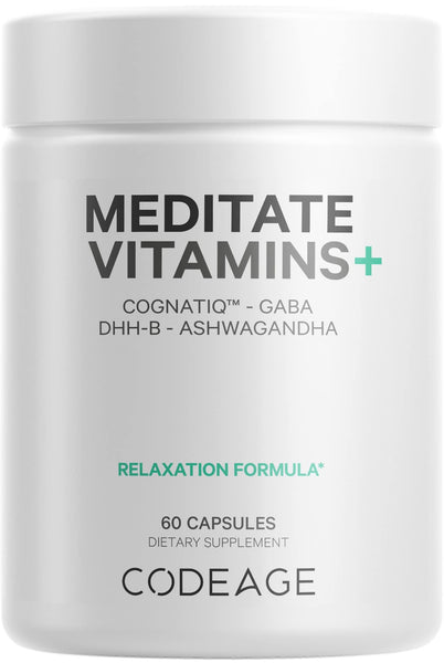 Codeage Meditate Vitamins+ Supplement - CognatiQ, DHH-B, GABA, Ashwagandha, Organic Mushrooms, Blueberries - BDNF Brain Pills and Neuroprotein - Vegan, Non-GMO, Gluten-Free - 60 Capsules