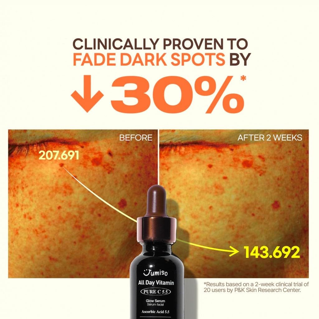 Jumiso All Day Vitamin Pure C 5.5 Glow Serum | L-ascorbic acid, Ferulic Acid, Tocopherol, Alpha Arbutin, Vitamin C serum for Dark Spots, dullness, Fine lines | fragrance-free, parabens-free | 1.01 fl oz, 30 ml
