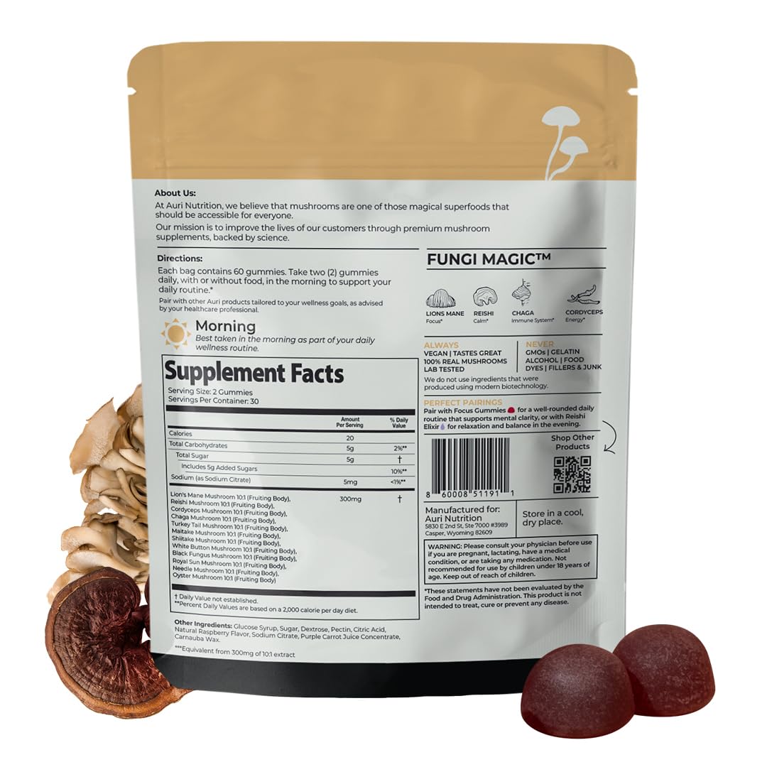 Auri Nutrition Super Mushroom Daily Gummies – All-in-One Functional Gummy with 12 Mushroom Blend Including Lion’s Mane, Reishi, Chaga & Cordyceps – 60 Gummies