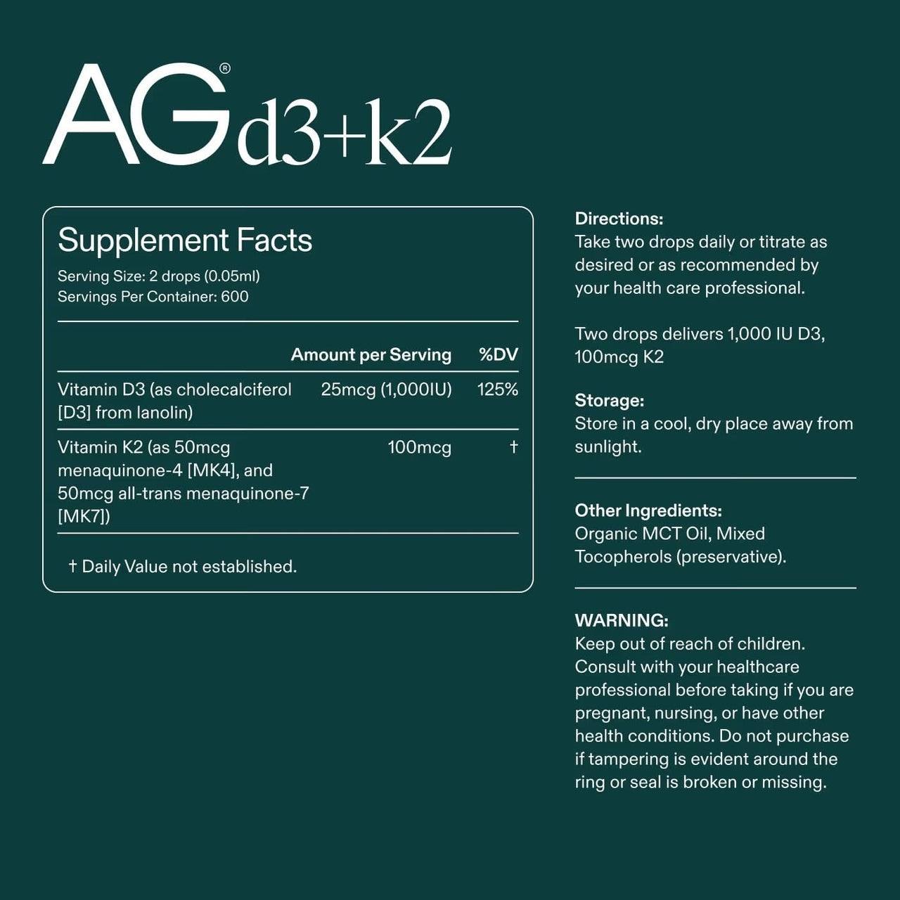 AG1 Vitamin D3 + K2 Liquid Drops | Vitamin D & K Blend | Daily Bone Support