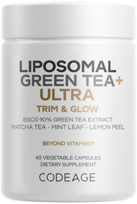 Thumbnail for Codeage Liposomal Green Tea+ Ultra Potency - EGCG 90% Green Tea Extract, Organic Matcha Green Powder, Peppermint, Lemon Peel - Vegan, Non-GMO, Gluten-Free - Liposomal Delivery - 60 Capsules