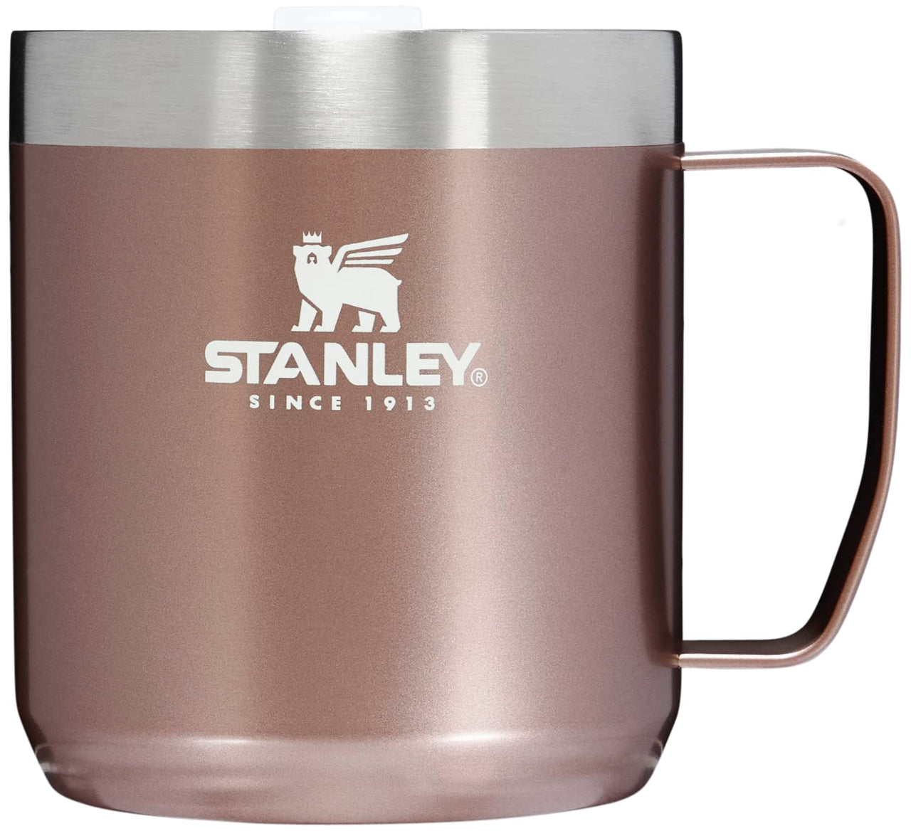 STANLEY Stay Hot Camp Mug - Durable 18/8 Stainless Steel Insulated Mug - Splash-Free Tritan™ Drink-Thru Lid - 12 OZ - Rose Quartz Glow