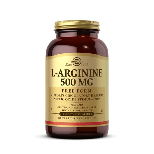 Solgar L-Arginine 500 mg - 250 Vegetable Capsules - Nitric Oxide Stimulator - Non-GMO, Vegan, Gluten Free, Dairy Free, Kosher - 250 Servings