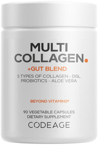 Thumbnail for Codeage Multi Collagen + Gut Blend Supplement - Digestive Probiotics, DGL Licorice, Aloe Vera, Organic Peppermint Leaf, Slippery Elm - Hydrolyzed Bovine Collagen Pills - Non-GMO - 90 Capsules