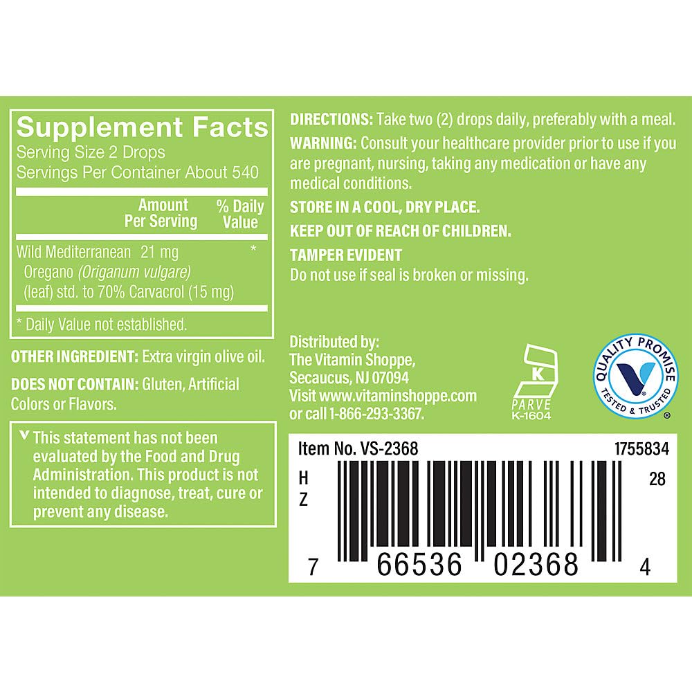 The Vitamin Shoppe Oil of Oregano Liquid 21mg - Immune System Defense | 70% Carvacrol Drops | 1 oz Dropper | Wild Mediterranean