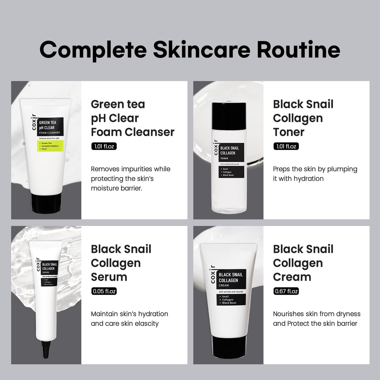 coxir Black Snail Collagen Starter Kit – Cleanser, Toner, Serum & Cream | Repairing Snail Mucin Skincare Set, Hydrating Korean Beauty Routine for Women (4-Piece)