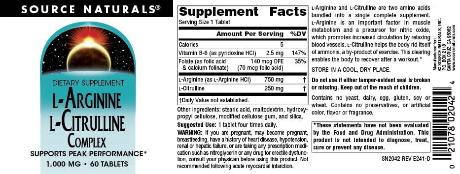 Source Naturals L-Arginine L-Citrulline Complex 1000mg Essential Amino Acid Supplement - 60 Tablets
