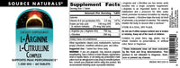 Thumbnail for Source Naturals L-Arginine L-Citrulline Complex 1000mg Essential Amino Acid Supplement - 60 Tablets