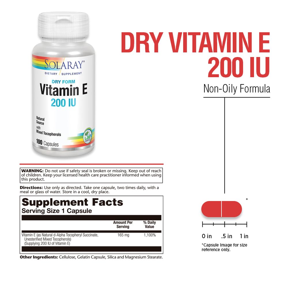 SOLARAY Vitamin E, Dry 200 IU w/Mixed Tocopherols | Healthy Cardiac Function & Skin Health Support | 100ct