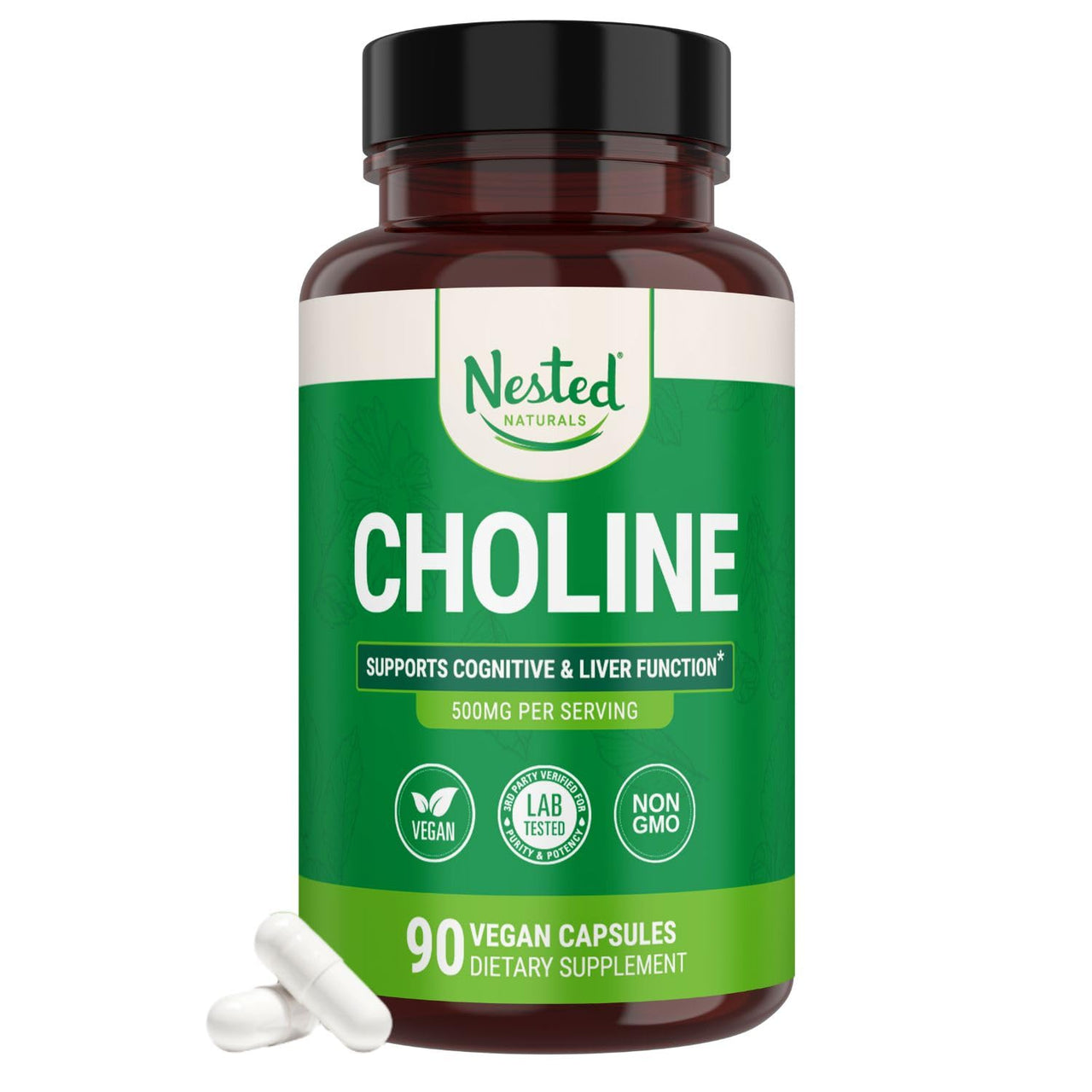 Nested Naturals Choline Bitartrate 500mg - High Potency Choline Supplements - Supports Cognitive Performance & Liver Function - 100% Vegan & Non-GMO Choline - 90 Vegan Capsules