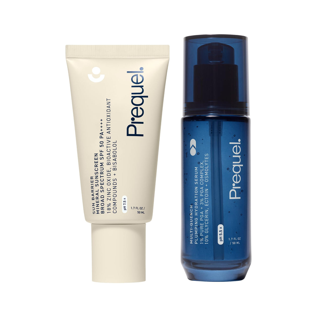 Prequel Skin Sun Barrier Mineral Sunscreen SPF 50. PA++++ Broad Spectrum & Multi-Quench Plumping Hydration Serum