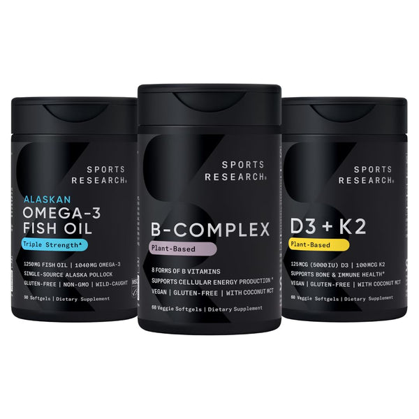 Sports Research® Vitamin B-Complex - Full Spectrum of B Vitamins (Plant-Based Vegan-Friendly), Triple Strength Omega 3 Fish Oil & Plant Based Vitamin K2 MK7 + Vegan D3 5000iu