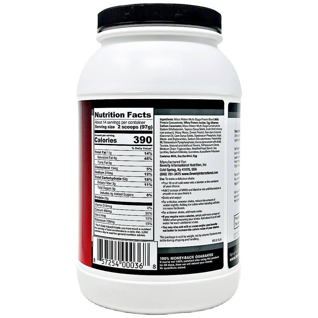 Beverly International Mass Maker Ultra Chocolate, 14 Servings, 3lb. Build Lean Mass Like a Pro. Milk Protein Isolate, Whey Protein Isolate + Egg. MCT Oil. Clean Carbs, Great Taste