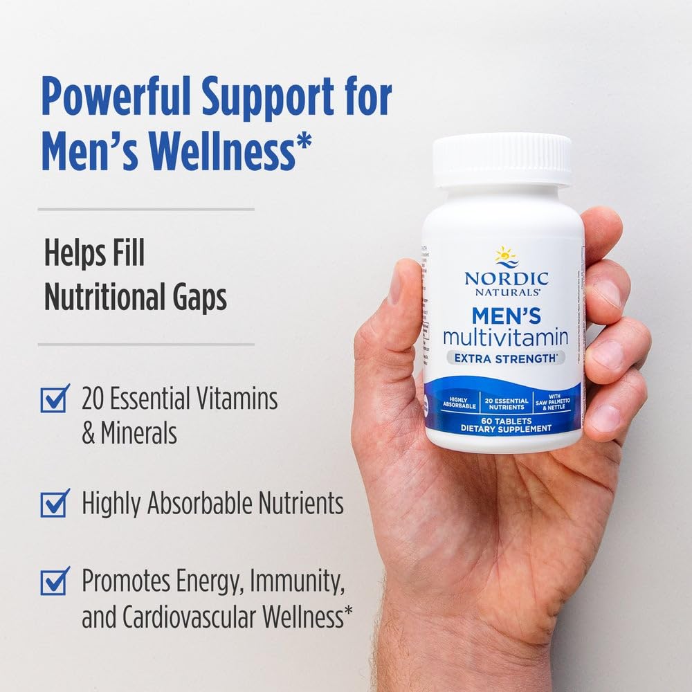 Nordic Naturals Men’s Multivitamin Extra Strength - Bone, Energy, & Blood-Vessel Support - Immunity Supplement - 20 Essential Nutrients - 60 Tablets - 30 Servings