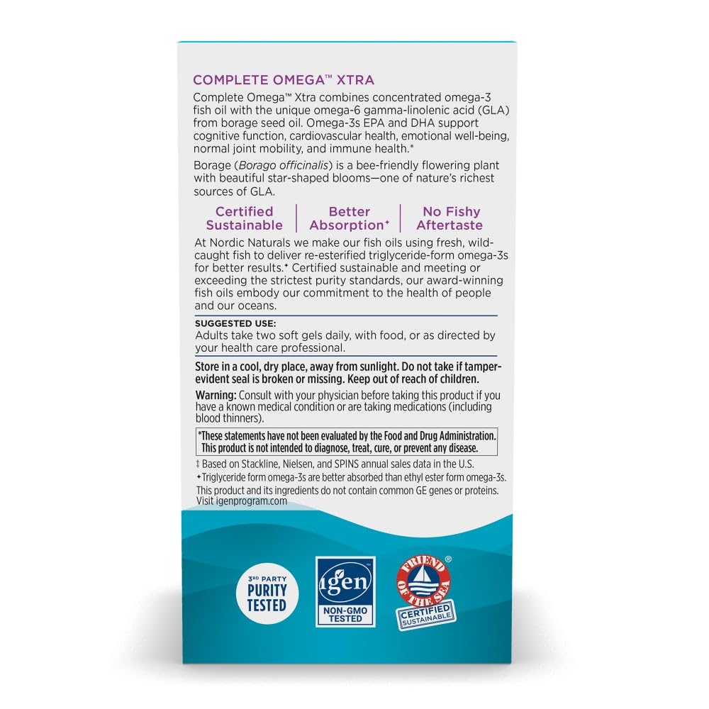 Nordic Naturals Complete Omega Xtra, Lemon - 60 Soft Gels - 1360 mg Omega-3 + 76 mg GLA - Healthy Skin - Cognition - Non-GMO - 30 Servings