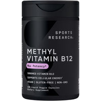 Thumbnail for Sports Research® Vitamin B12 as Methylcobalamin 5000mcg - High Potency Vegan B12 w/Coconut MCT Oil for Energy Metabolism Support - Vegan Certified · Non-GMO · Gluten Free - 120 Liquid Caps
