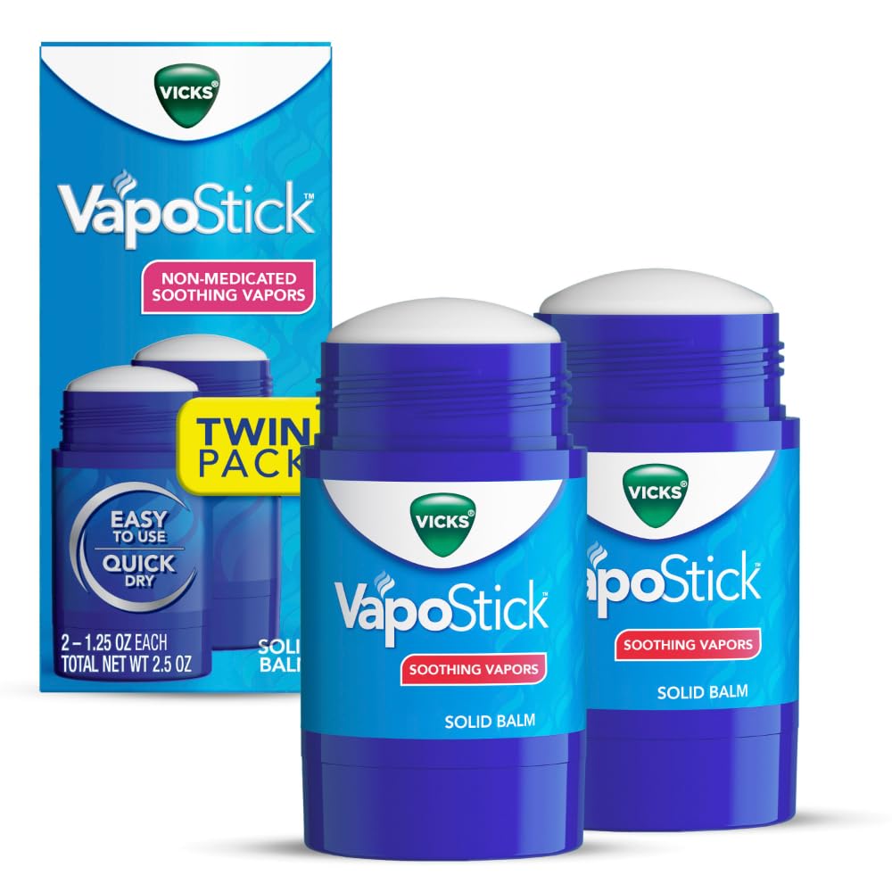 Vicks VapoStick, Solid Balm, No Mess, Soothing Non-Medicated Vicks Vapors, Easy-To-Use No-Touch Applicator, Quick Dry, Lightweight Skin Feel, 1.25oz x 2