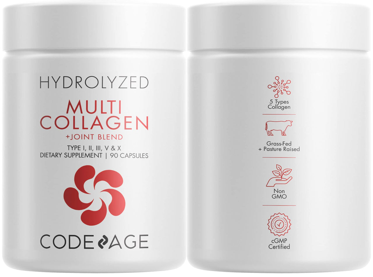 Codeage Multi Collagen Protein + Joint Blend Supplement, Hyaluronic Acid, Bromelain, Turmeric, Ginger Boswellia, Hydrolyzed - 5 Types of Collagen All-in-One, Joints & Bones Support, 2 Pack