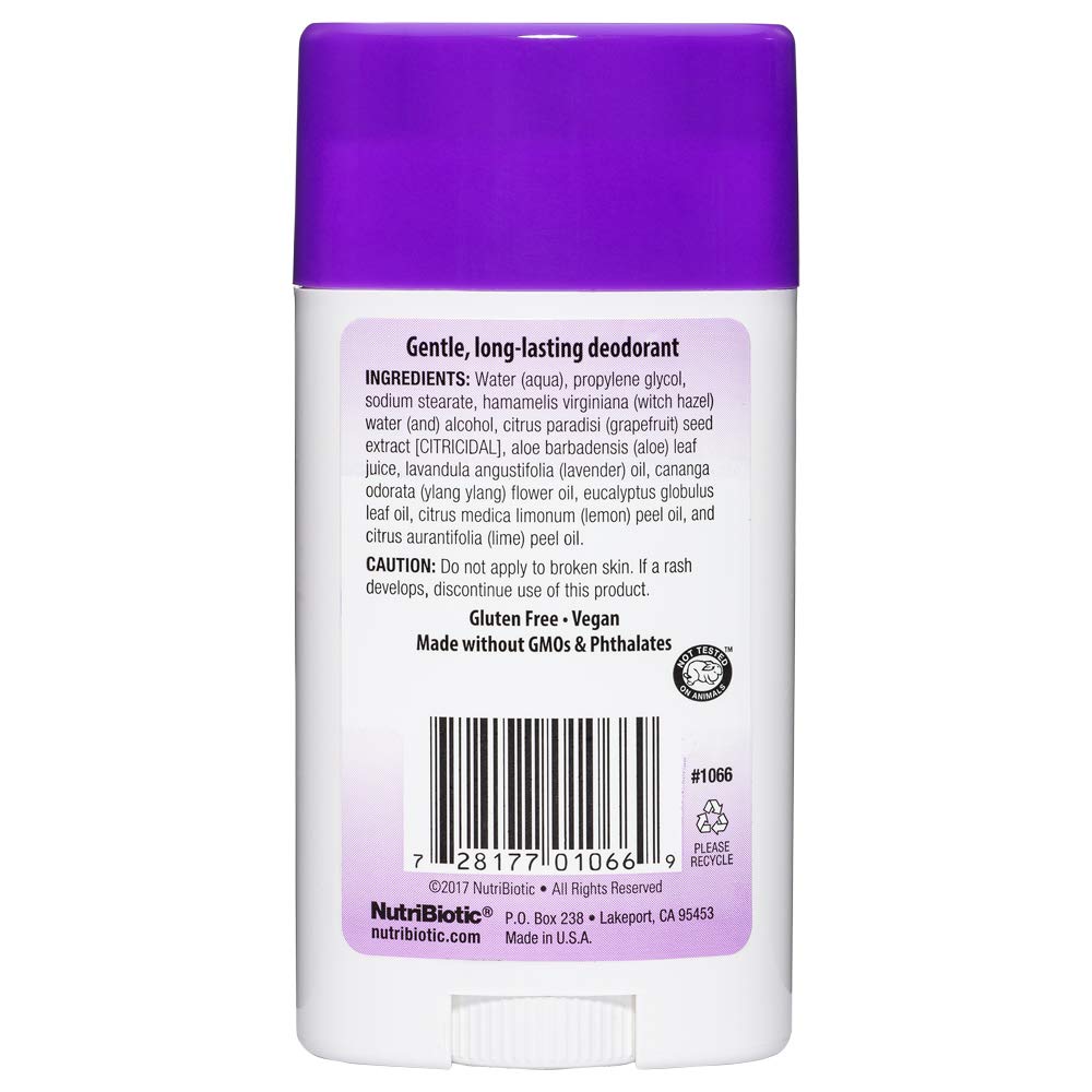 NutriBiotic Deodorant, Lavender, 2.6 Oz Stick | with Witch Hazel, Grapefruit Seed Extract, Aloe & Lavender Oil | Vegan & Free of Aluminum, Paraben, Phthalates, Gluten, GMO's & Fragrance