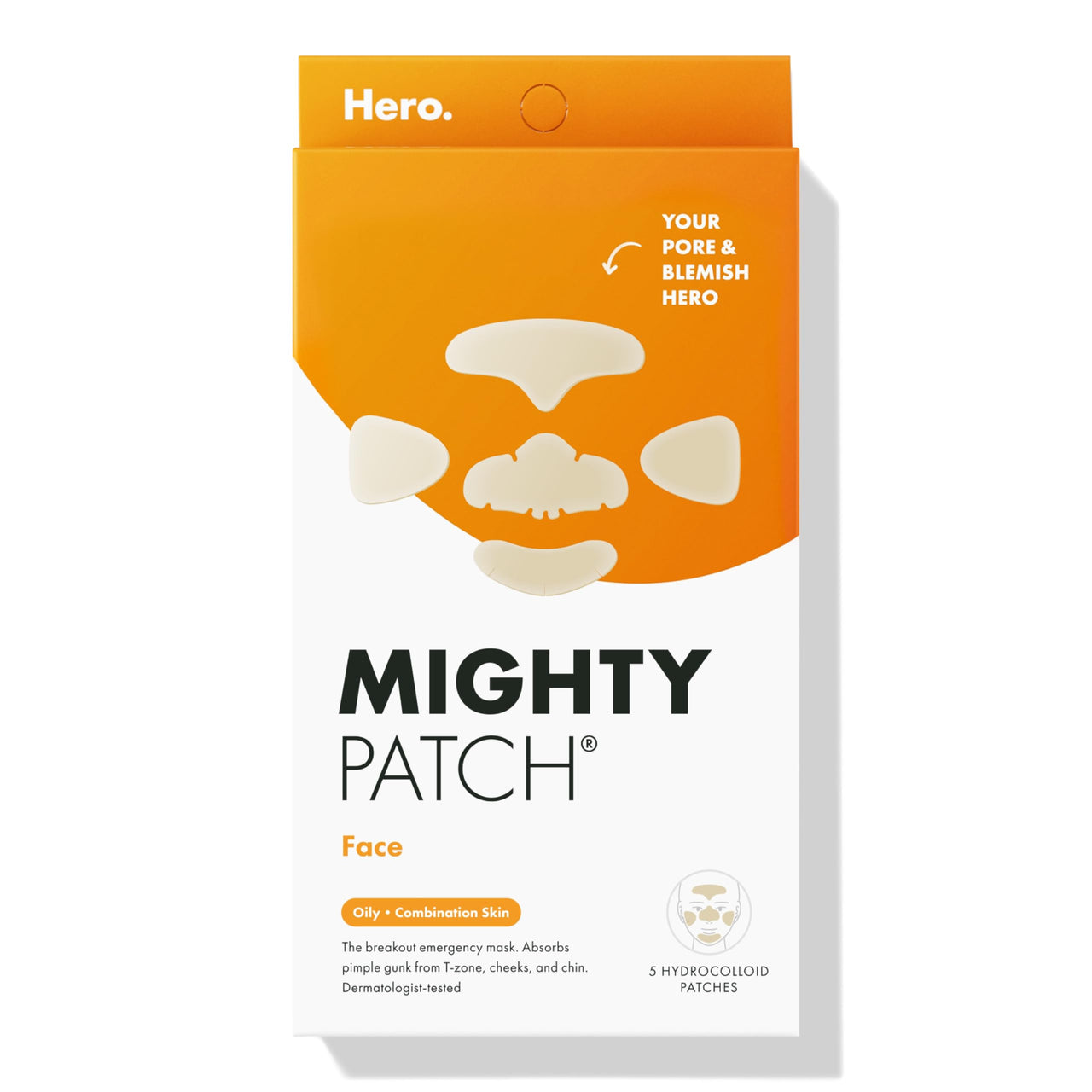 Mighty Patch™ Face Patch from Hero Cosmetics - XL Hydrocolloid Face Mask for Acne, 5 Large Pimple Patches for Zit Breakouts on Nose, Chin, Forehead & Cheeks - Korean Skin Care (1 Count)