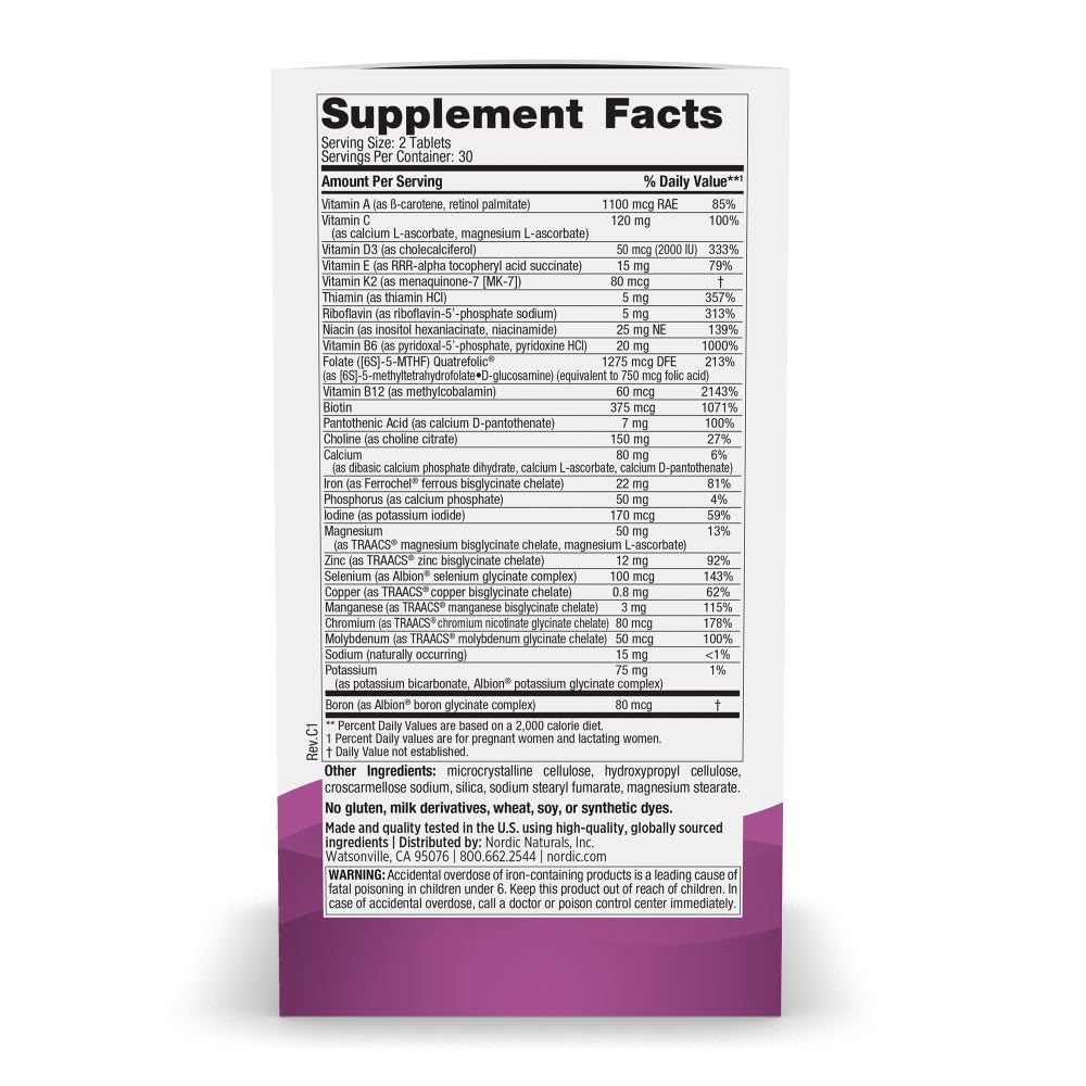 Nordic Naturals Prenatal Multivitamin for Women - Daily Vegetarian Prenatal Vitamins - 22 Essential Nutrients, Including B6, Folate, and Iron - 60 Tablets - 30 Servings