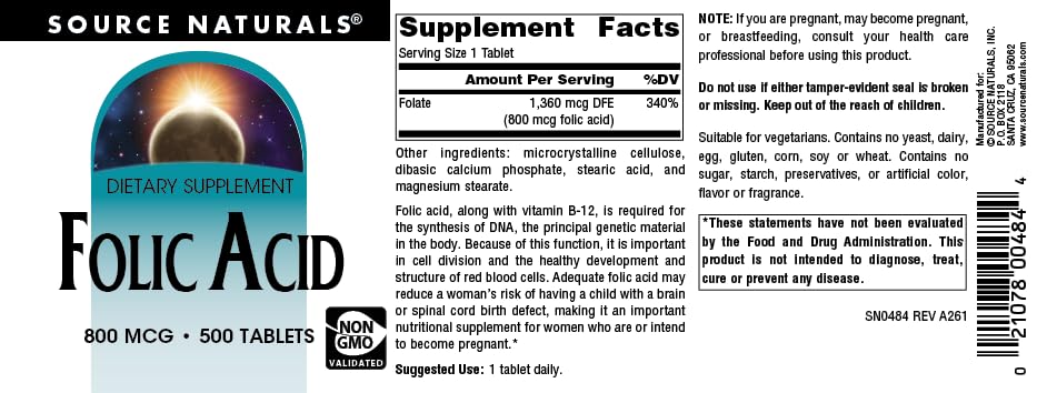 Source Naturals Folic Acid 800 mcg Dietary Supplement - 500 Tablets