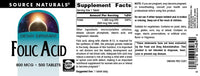 Thumbnail for Source Naturals Folic Acid 800 mcg Dietary Supplement - 500 Tablets