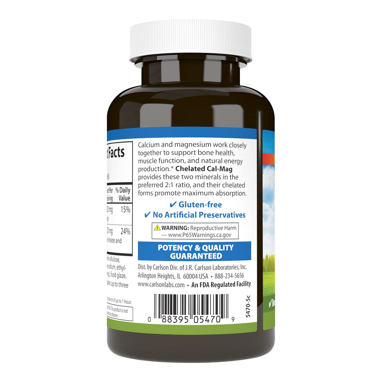 Carlson - Chelated Cal-Mag, 2:1 Calcium to Magnesium Ratio, Bone Support, Muscle Function & Energy Production, 60 Tablets