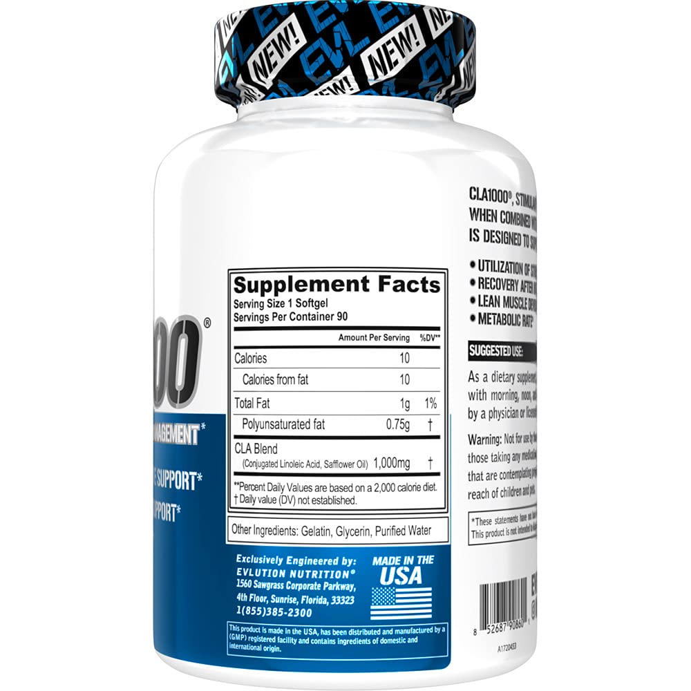 Evlution Conjugated Linoleic Acid CLA Pills - CLA 1000mg Diet Pills to Support Weight Loss Fat Burning Lean Muscle and Faster Metabolism - Stimulant-Free Safflower Based Fat Loss Support - 90