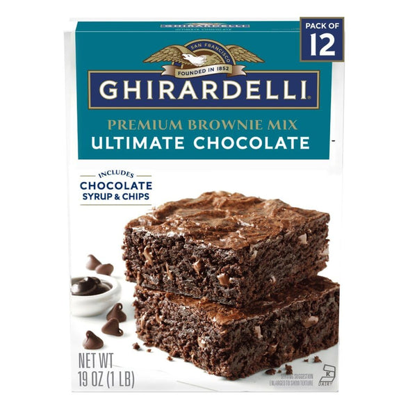 Ghirardelli Ultimate Chocolate Premium Brownie Mix, Includes Chocolate Syrup and Chips, 19 oz Boxes (Pack of 12)