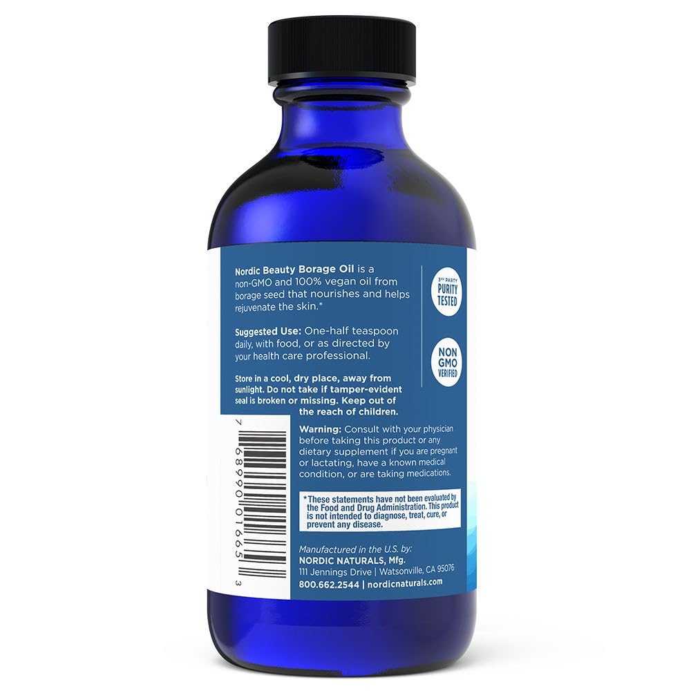 Nordic Naturals Nordic Beauty Borage Oil, Unflavored - 4 Ounces - Borage Seed Oil, Unique Omega-6 for Healthy and Hydrated Skin, 480 Milligrams of GLA - Non-GMO - Vegan, 48 Servings