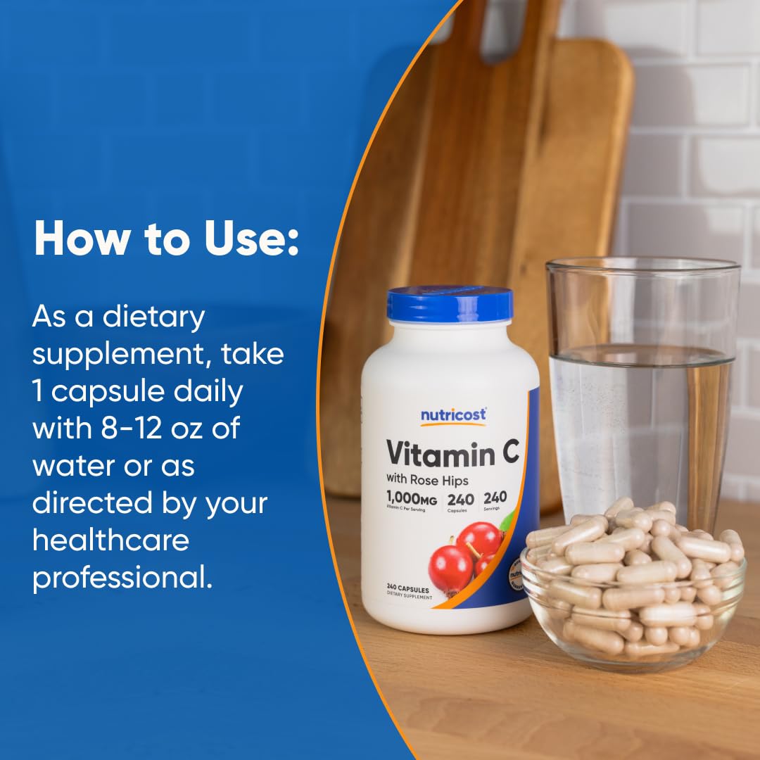 Nutricost Vitamin C with Rose HIPS 1025mg, 240 Capsules - Vitamin C 1,000mg, Rose HIPS 25mg, Premium, Non-GMO, Gluten Free Supplement