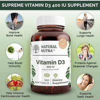 Thumbnail for Natural Nutra 100 Vitamin D3 400 IU Softgels - VIT D Supports Immune Function, Bone & Teeth Health - Sunshine Vitamin D Formula for Cardiovascular & Lung Support - Gluten-Free Dietary Supplement