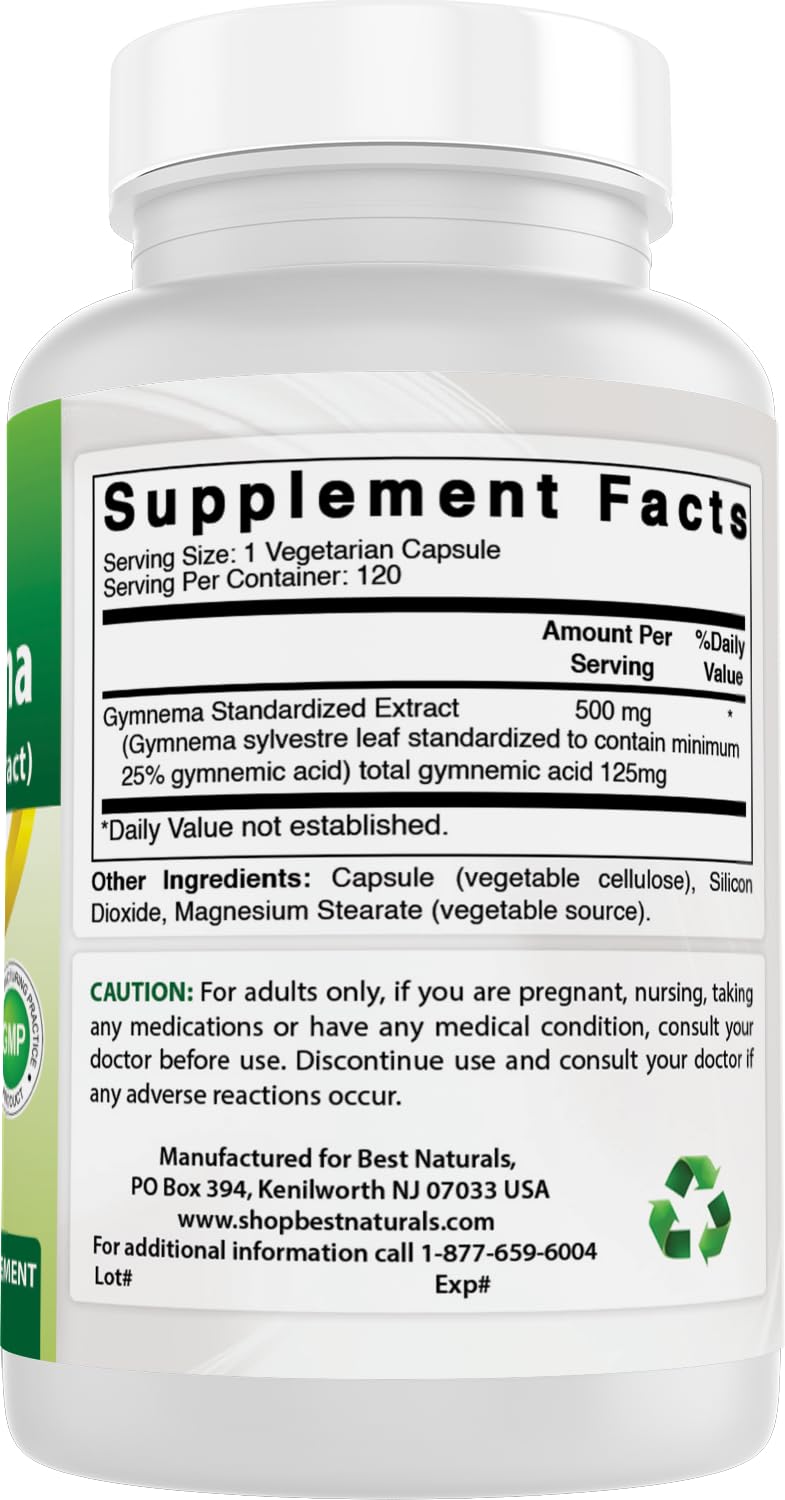 Best Naturals Gymnema Sylvestre Extract 500 mg 120 Vegetarian Capsules - Contains Minimum of 25% Gymnemic Acid (Pack of 2)