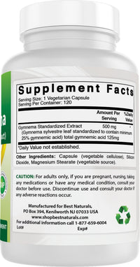 Thumbnail for Best Naturals Gymnema Sylvestre Extract 500 mg 120 Vegetarian Capsules - Contains Minimum of 25% Gymnemic Acid (Pack of 2)