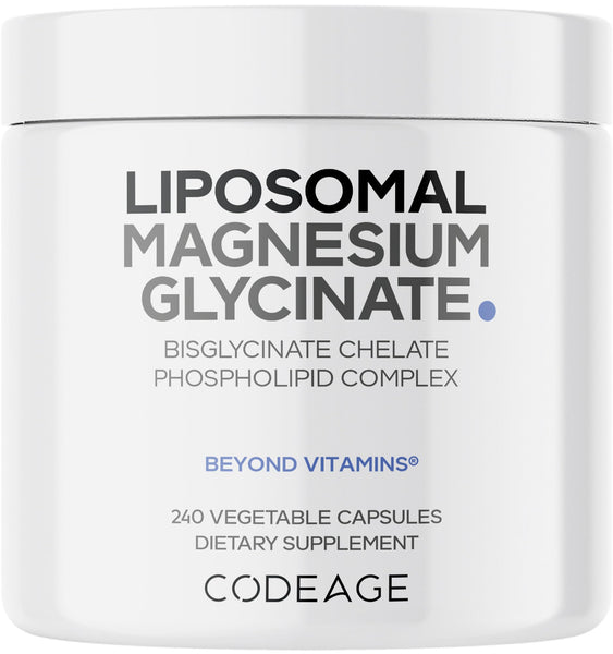 Codeage Liposomal Magnesium Glycinate Supplement, 2-Month Supply, Bisglycinate Magnesium Chelate, Chelated Magnesium Mineral Pills, BioPerine Black Pepper Vitamins Capsules, Non-GMO Vegan, 240 ct