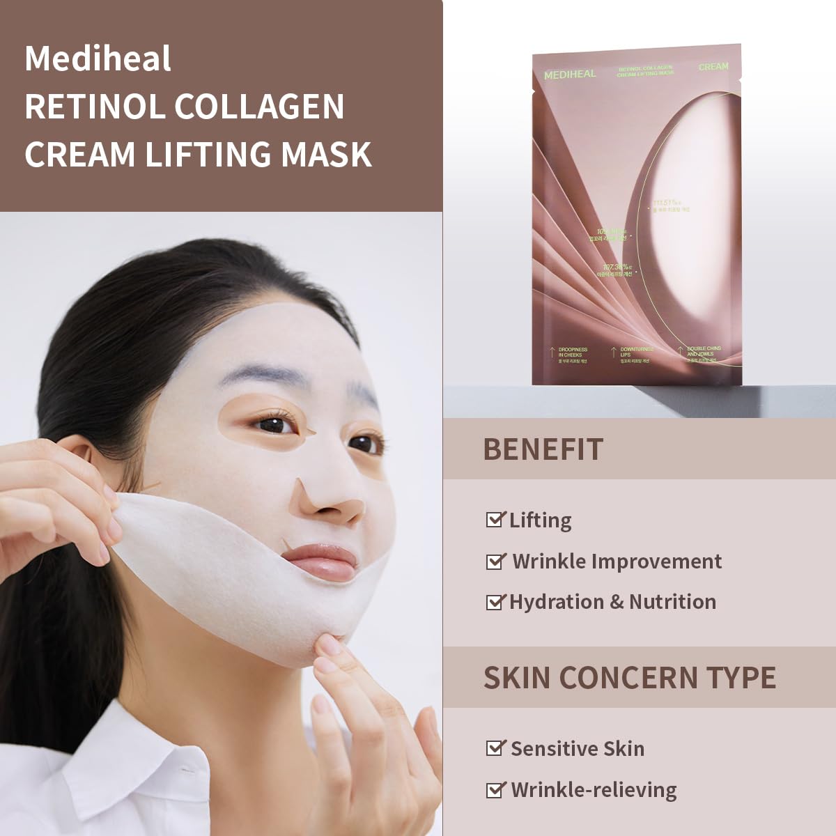 Mediheal Retinol Collagen Cream Lifting Mask (10 Counts) for V Line Mask, Anti-Aging - Helps Reduce Fine Lines & Wrinkles, and Smoothens Skin