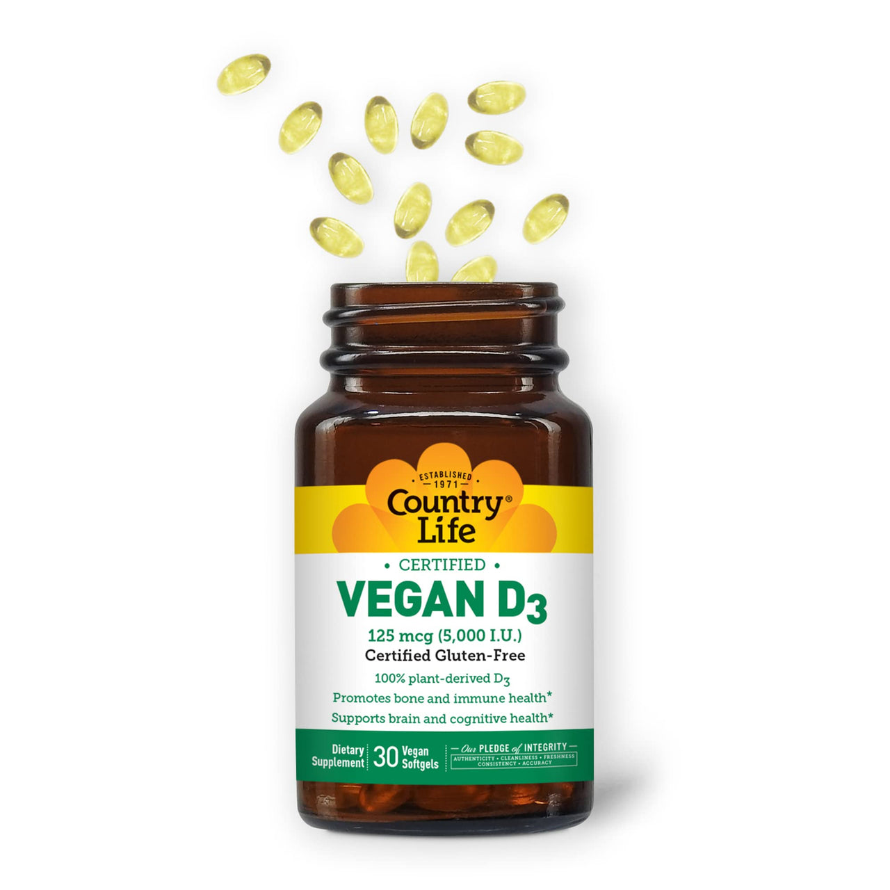 Country Life Vegan D3 5000 IU – Plant-Derived Vitamin D3 from Lichen – High Potency Immune & Bone Support – Certified Vegan, Gluten-Free, Non-GMO – 30 Softgels