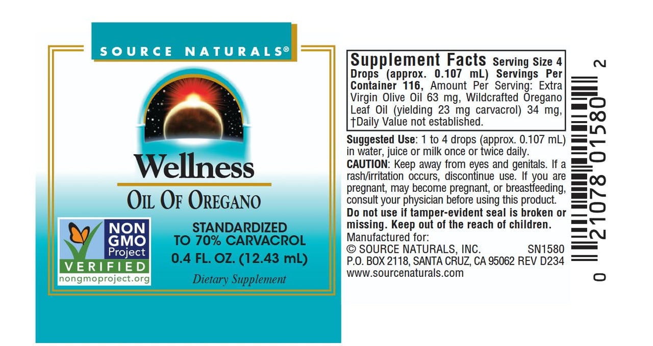 Source Naturals Wellness Oil of Oregano, Standardized to 70% Carvacrol, Non GMO - 0.4 Fluid oz - May Provide Support to the Immune System*