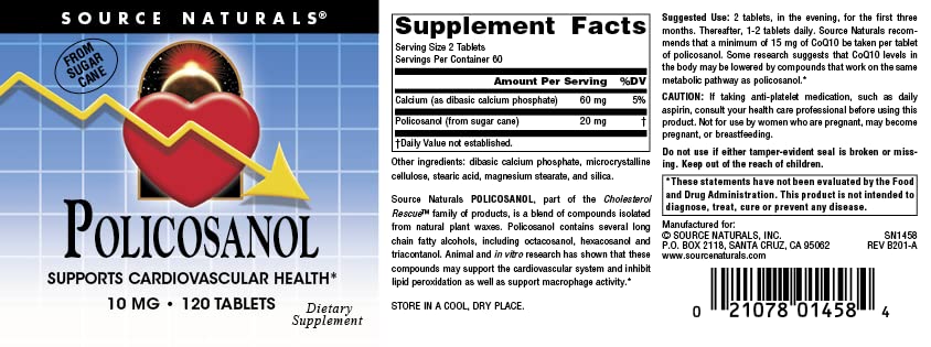Source Naturals Policosanol Supports Cardiovascular Health*, 10 Mg -120 Tablets