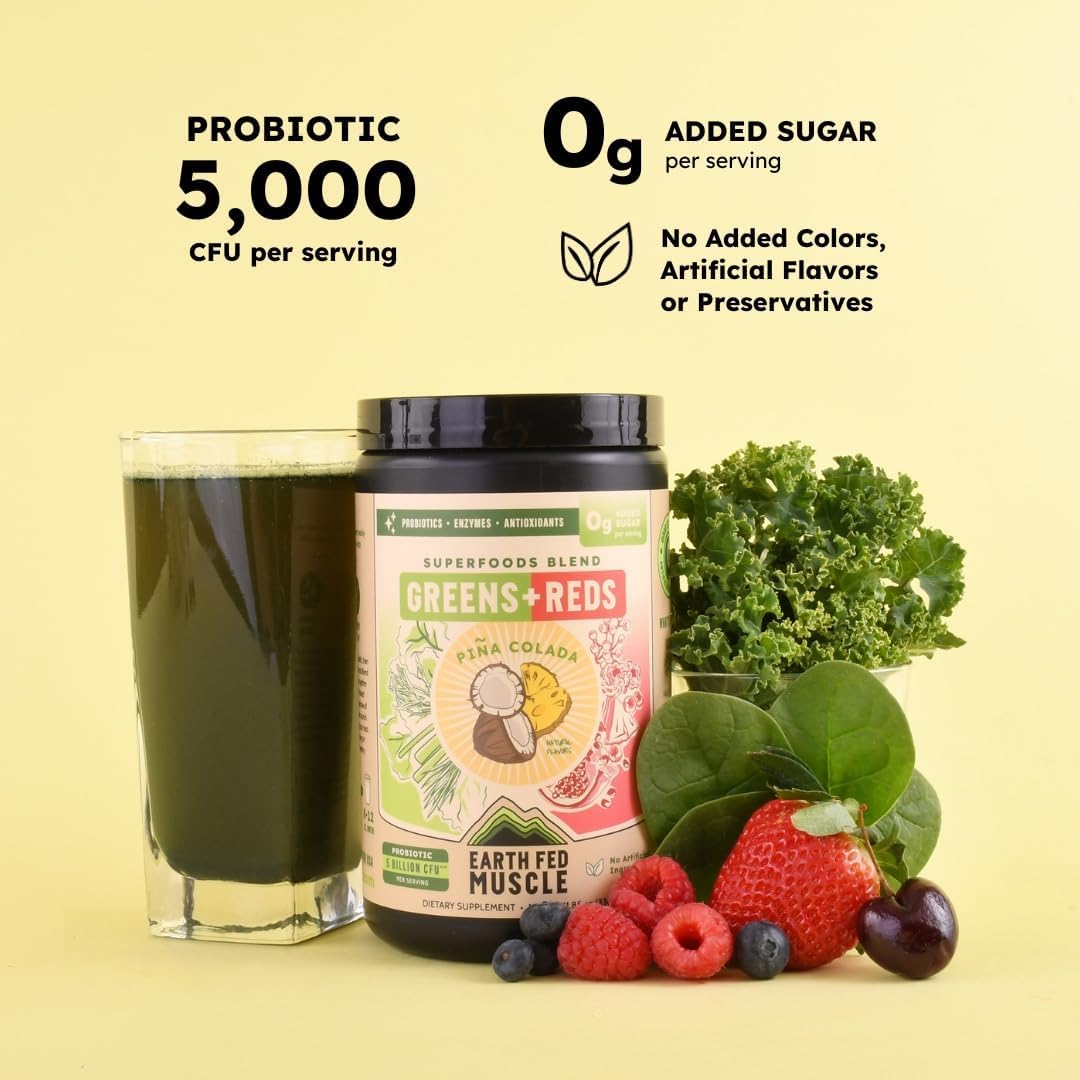 Earth Fed Muscle Superfoods Blend Reds & Greens Powder, PiÃ±a Colada Flavor, Juice & Smoothie Mix with Organic Kale, Spirulina, Wheat Grass - Detox & Cleanse, No Added Sugar - Non-GMO - 30 Servings