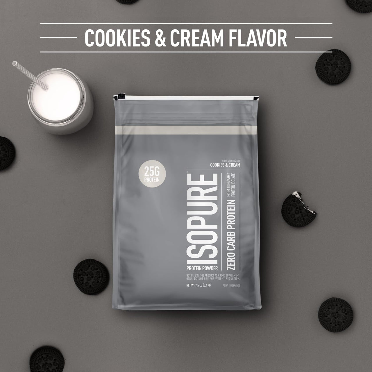 Isopure Zero Carb 100% Pure Whey Isolate Protein Powder, Gluten Free, with Vitamins, Cookies & Cream, 25g Protein Per Serving, 7.5 Lbs, 110 Servings (Packaging May Vary)
