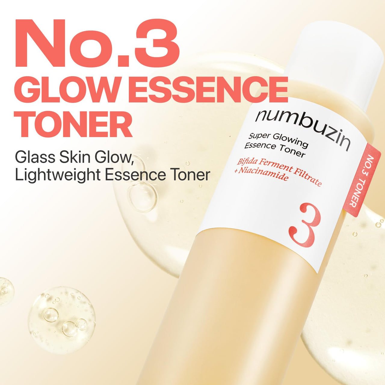 numbuzin No.3 Super Glowing Essence Toner, Fermented Toner for Skin Glow & Texture, Bifida, Niacinamide, Hydrating, Radiance-Boosting Essence, Zero Pore Care, 6.76 fl oz (200ml)